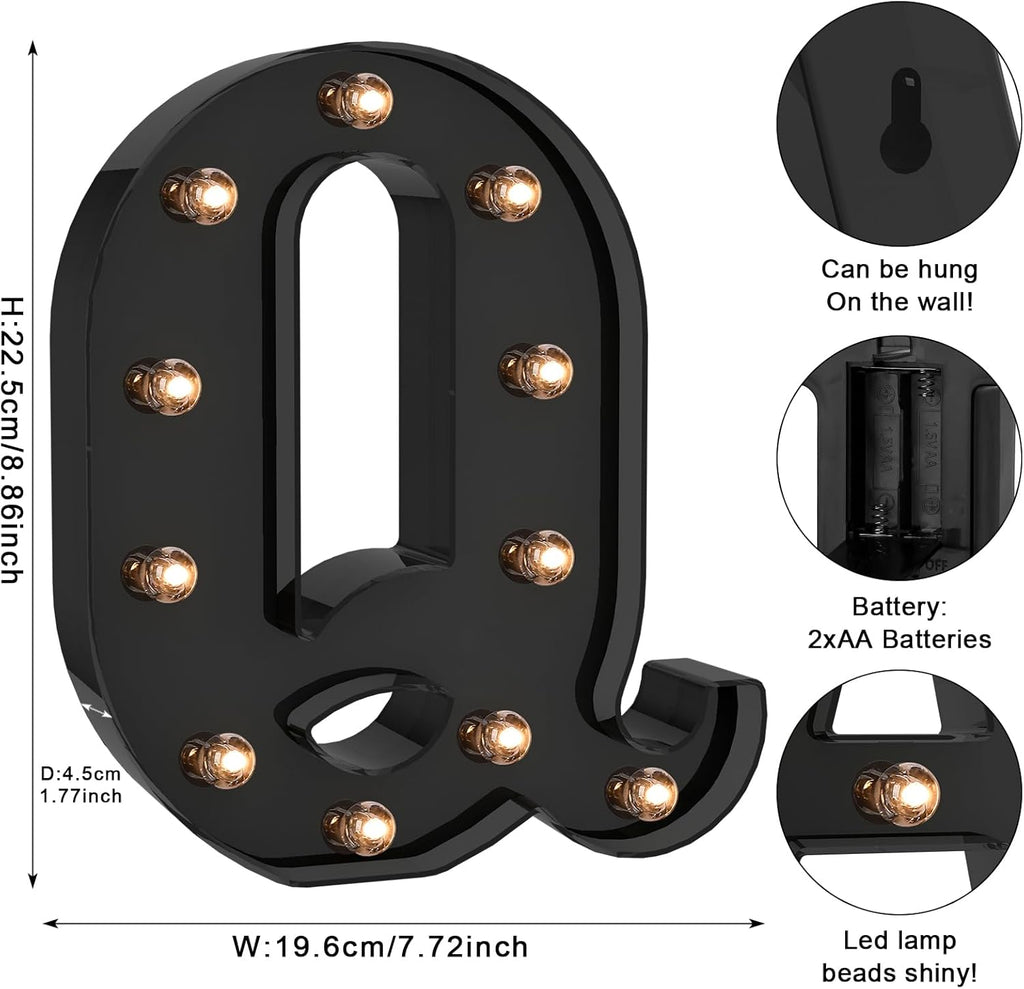 Foaky Black LED Letter Lights for Room Decor - Bedroom Wall Decor, Alphabet Lights for Home, Wedding, Party - Battery Operated （Q）