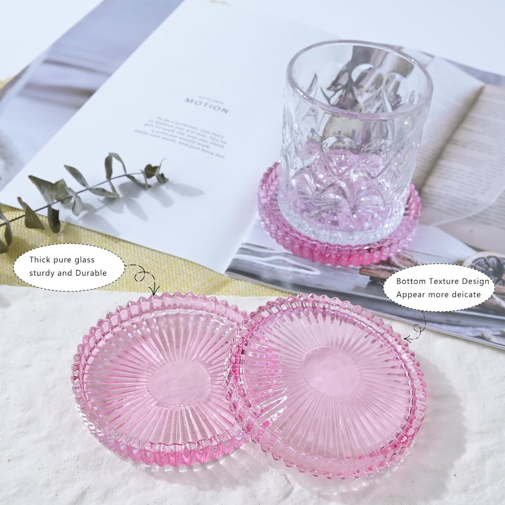 Glass Coaster 6 Pack Round Cup Coasters for Drinks,Crystal Coffee Coaster,Stylish Drink Coasters for Kitchen Bar Dining Room Living Room Office Decor and Jewelry Storage,Pink