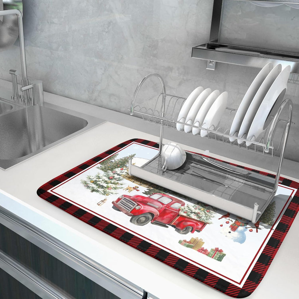 Giwawa Christmas Truck Dish Drying Mat 18x24 inch Large Winter Snowman Xmas Trees Snow Farm Dish Drainer Mats Red Black Buffalo Plaids Absorbent Dish Drying Pad for Kitchen Countertop Decor