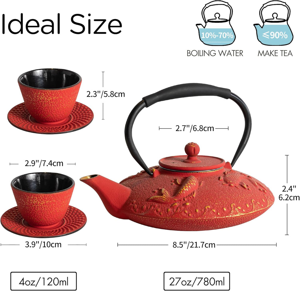 Cast Iron Teapot Set with 2 Tea Cups, 7Pcs Japanese Tea Kettle with Stainless Steel Infuser, Tea Pot Coated with Enameled Interior, Fish Pattern, 27oz 780ml Red