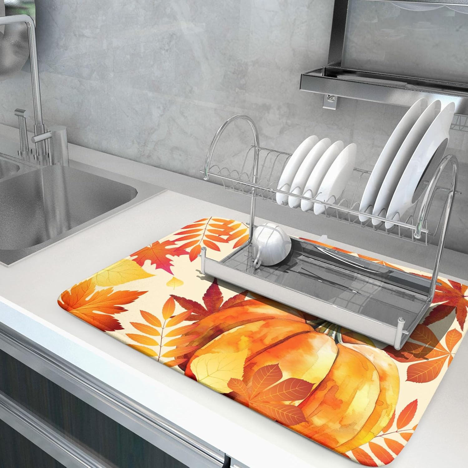 Autumn Pumpkin Maple Leaf Dish Drying Mat for Kitchen Counter,Thanksgiving Fall Holiday Drying Mat with Hanging Loop 18 x 24 Inch Microfiber Dish Drying Pad Dish Rack Drainer Mat for Coffee Bar