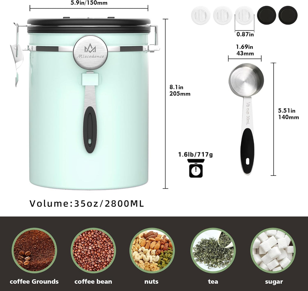 35OZ Coffee Canister for ground coffee with Date Tracker,Mint Green 304 Stainless Steel Kitchen Food Airtight storage container for Coffee Beans or Grounds, Tea, Sugar