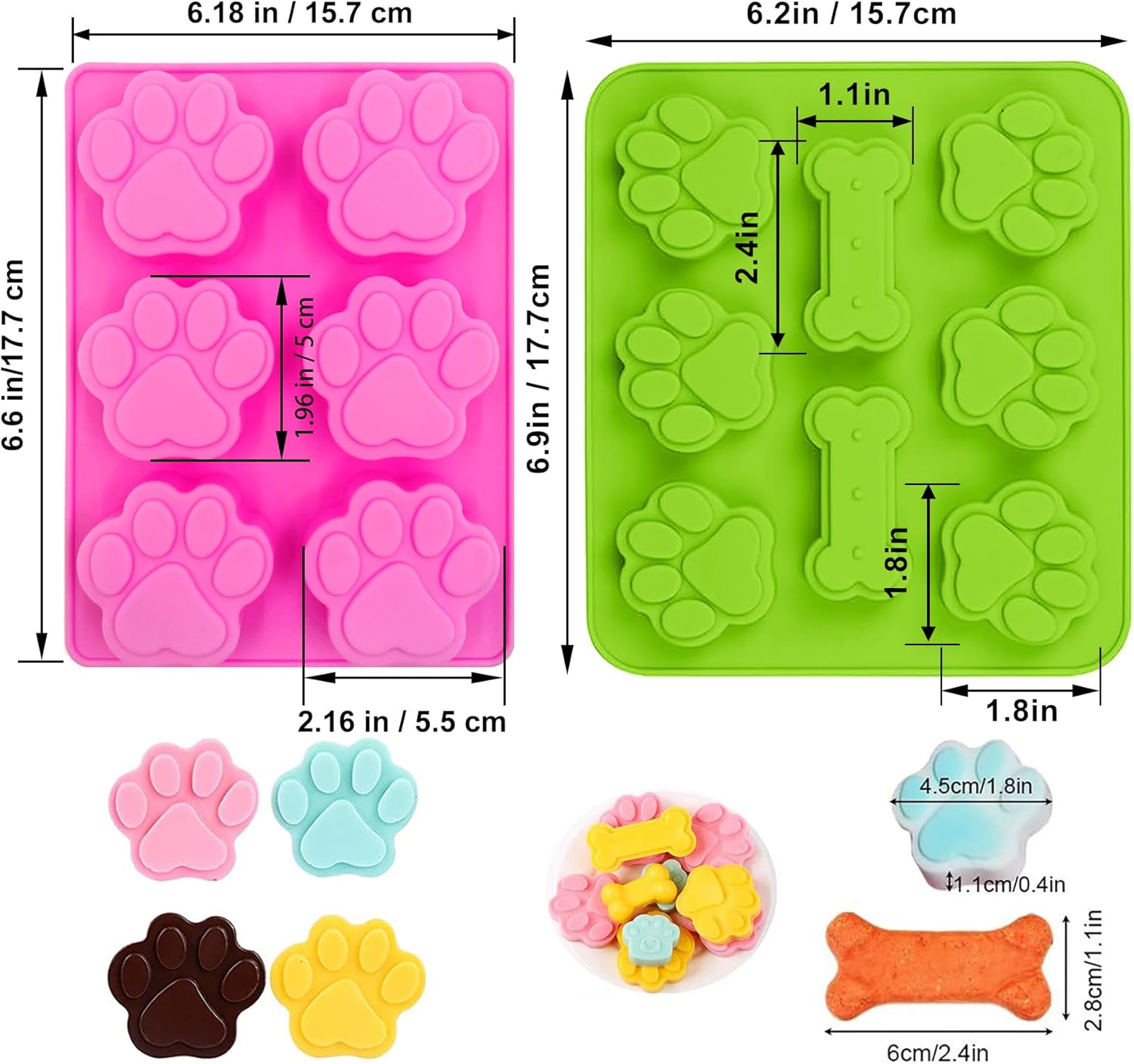 Set of 15 Non-Stick Silicone Dog Treat Molds - Paw and Bone Shapes, Ideal for Frozen Treats, Baking Jelly, Candy, Chocolate, Dog Snack Biscuits