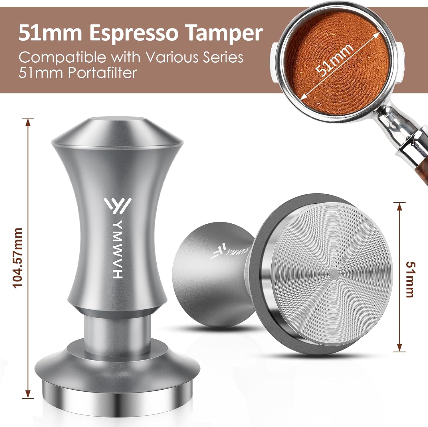 51mm Espresso Tamper, YMWVH Premium Barista Espresso Coffee Tamper Silver with Dual Spring Loaded 100% Stainless Steel Ripple Base, Constant 30lb, Compatible with Delonghi Espresso Coffee Machine
