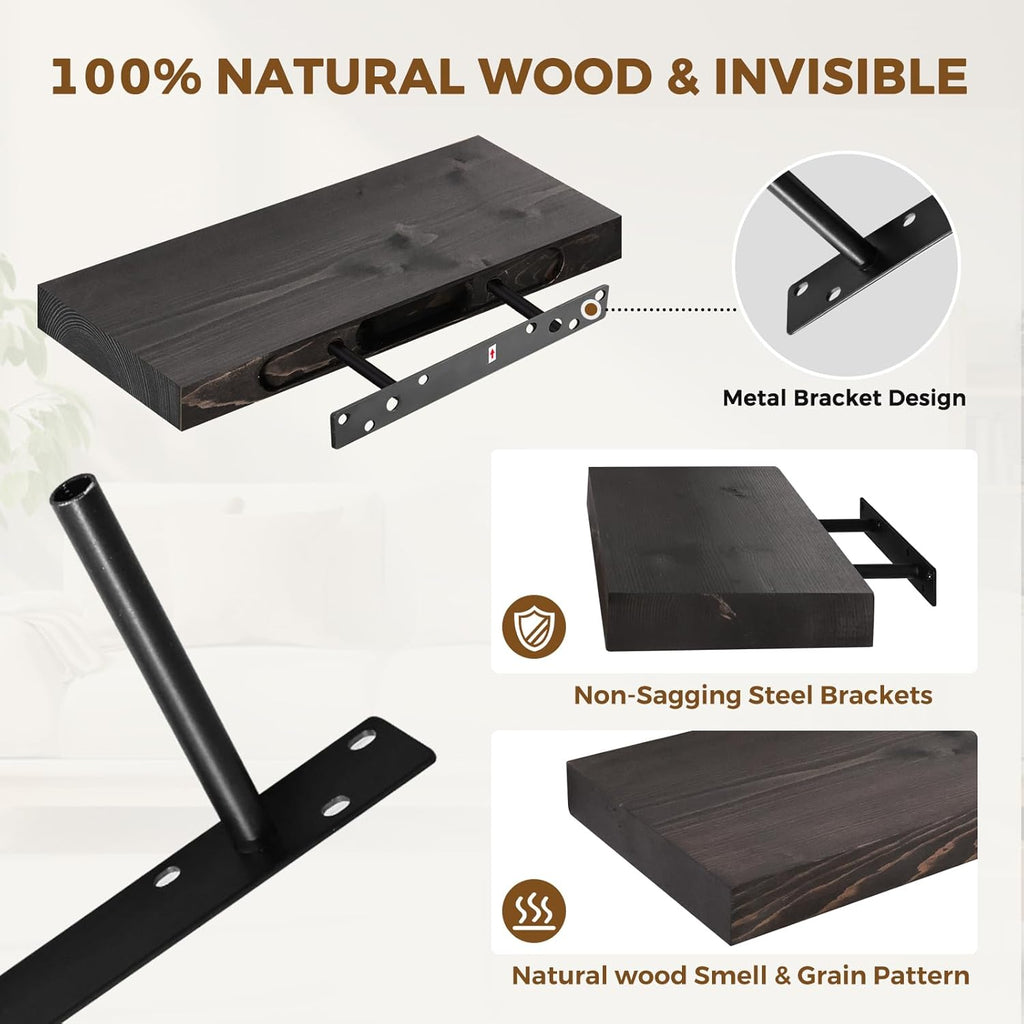 17x8x1.6 inch Floating Shelves Set of 2 – Solid Wood Rustic Black Wall Mounted Shelf for Kitchen, Bathroom, Living Room