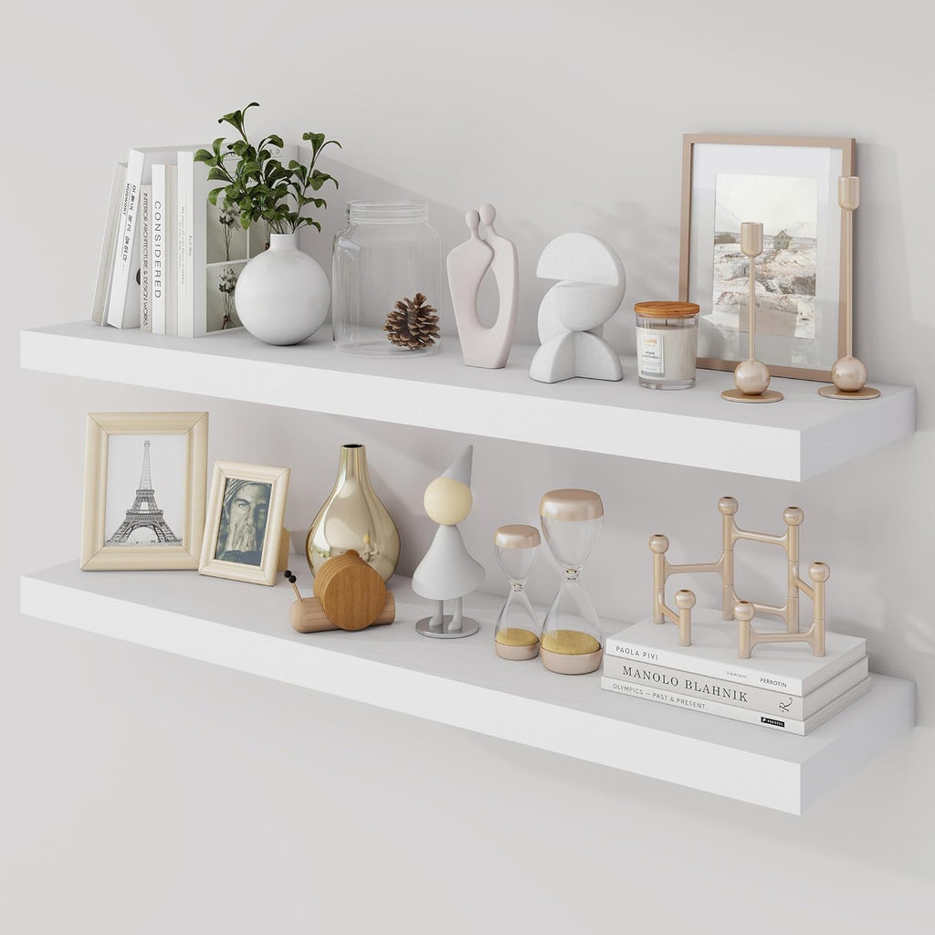 36 Inch Floating Shelves, 9.3" Deep Floating Shelf Wall Mounted, 36" Wall Shelves, Rustic Deep Bookshelf, Large Display Shelves & Storage Shelves for Bedroom, Living Room, White, Set of 2