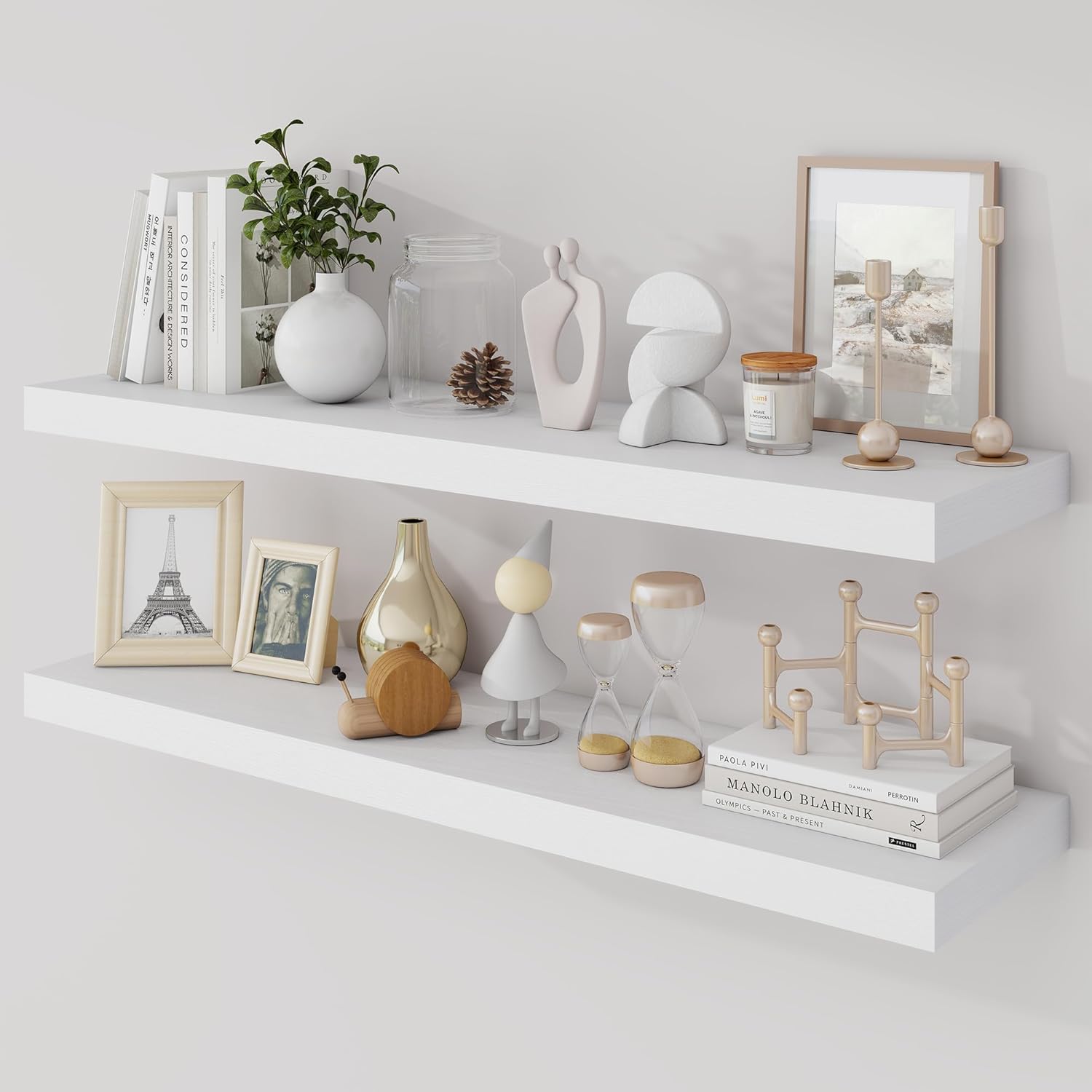 36 Inch Floating Shelves, 9.3" Deep Floating Shelf Wall Mounted, 36" Wall Shelves, Rustic Deep Bookshelf, Large Display Shelves & Storage Shelves for Bedroom, Living Room, White, Set of 2