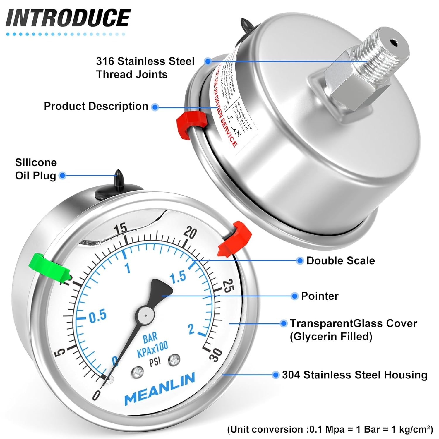 MEANLIN MEASURE 0~30Psi Liquid Filled Pressure Gauge Stainless Steel 2.5" FACE DIAL 1/4" NPT 316 Stainless Steel Joint for Pool Sand Filter Water Oil Air Pressure Test Back Mount, with 2PCS Snaps