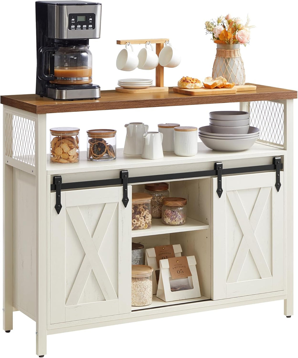 VASAGLE Buffet Cabinet, Coffee Bar Storage Cabinet, Sideboard with 2 Sliding Barn Doors, Adjustable Shelves, 13 x 39.4 x 31.5 Inches, for Living Room, Rustic White and Honey Brown ULSC092W01