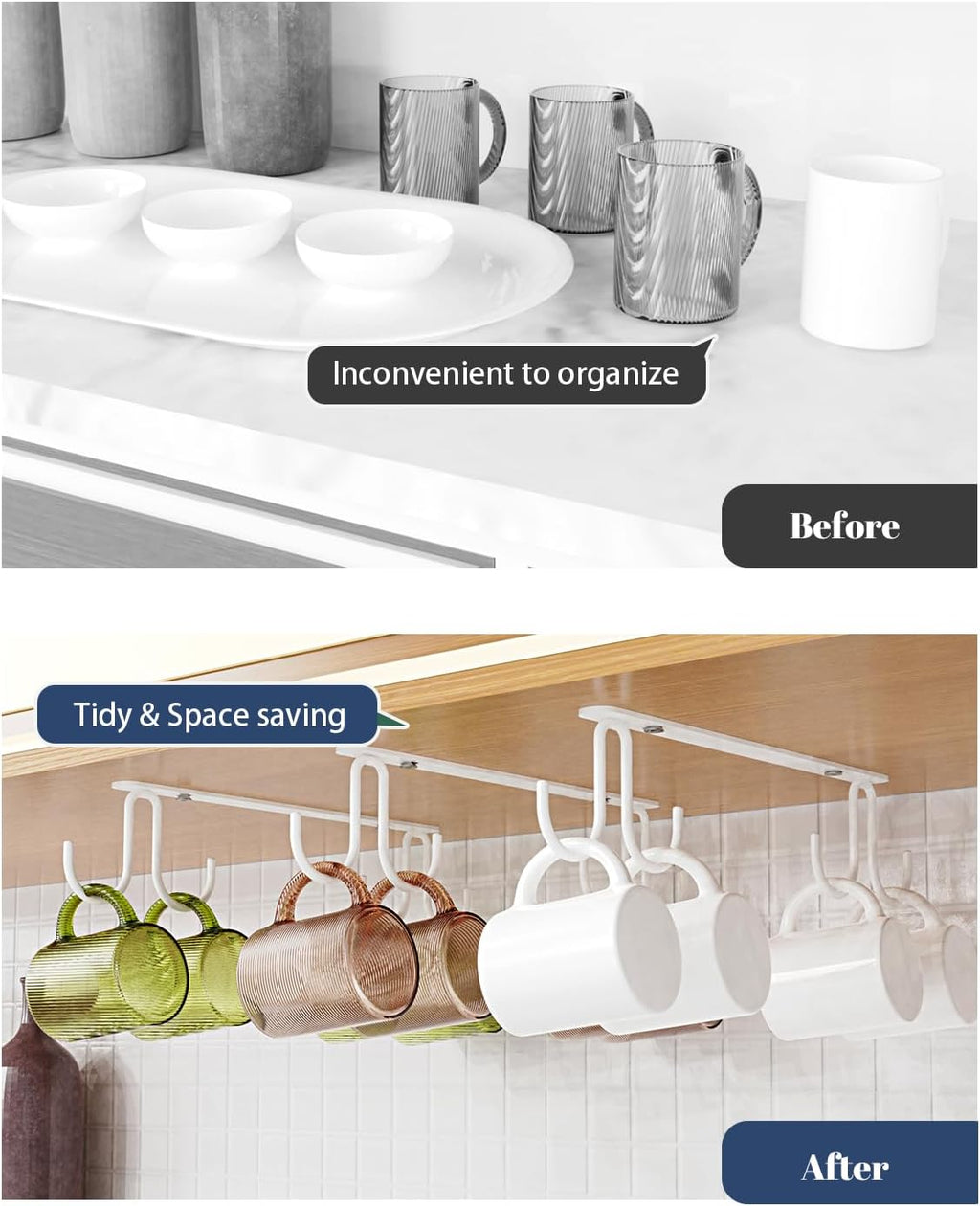 Mug Hooks Under Cabinet 3 Pack, Coffee Cup Hooks for Hanging Under Shelf, Mug Organizer Rack with 12 Hooks for Displaying Mugs, Coffee Cups and Kitchen Utensils, White