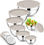E-far Mixing Bowls with Lids Set, 7-Piece Stainless Steel Metal Mixing Bowls with Grater Attachments, Size 4.6, 3.5, 2.6, 2, 1.5, 1, 0.7QT, Nesting Design & Khaki Airtight Lids, For Cooking/Serving