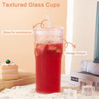 GOSCHE Glass Coffee Cups with Lids and Straws, 20oz Drinking Jar Glass Tumbler for Iced Coffee, Vintage Ripple Glassware Smoothie Cups, Pink, 2Pcs