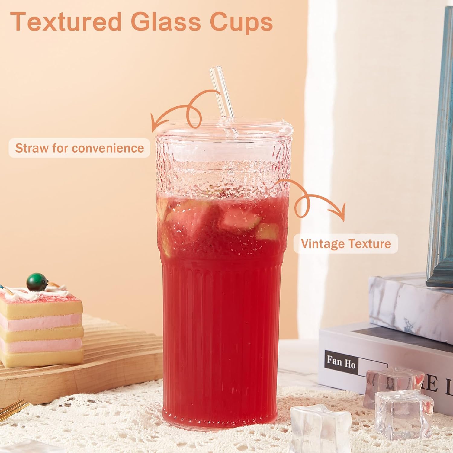 GOSCHE Glass Coffee Cups with Lids and Straws, 20oz Drinking Jar Glass Tumbler for Iced Coffee, Vintage Ripple Glassware Smoothie Cups, Pink, 2Pcs