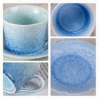 KAMMAK Tea Cups and Saucers Set of 2, Porcelain Coffee Cups, 5oz Crystalline Glaze Espresso Mugs, Ceramic Demitasse for Coffee, Cappuccino, Latte, Americano, Tea (Ice crystal blue + greenish blue)