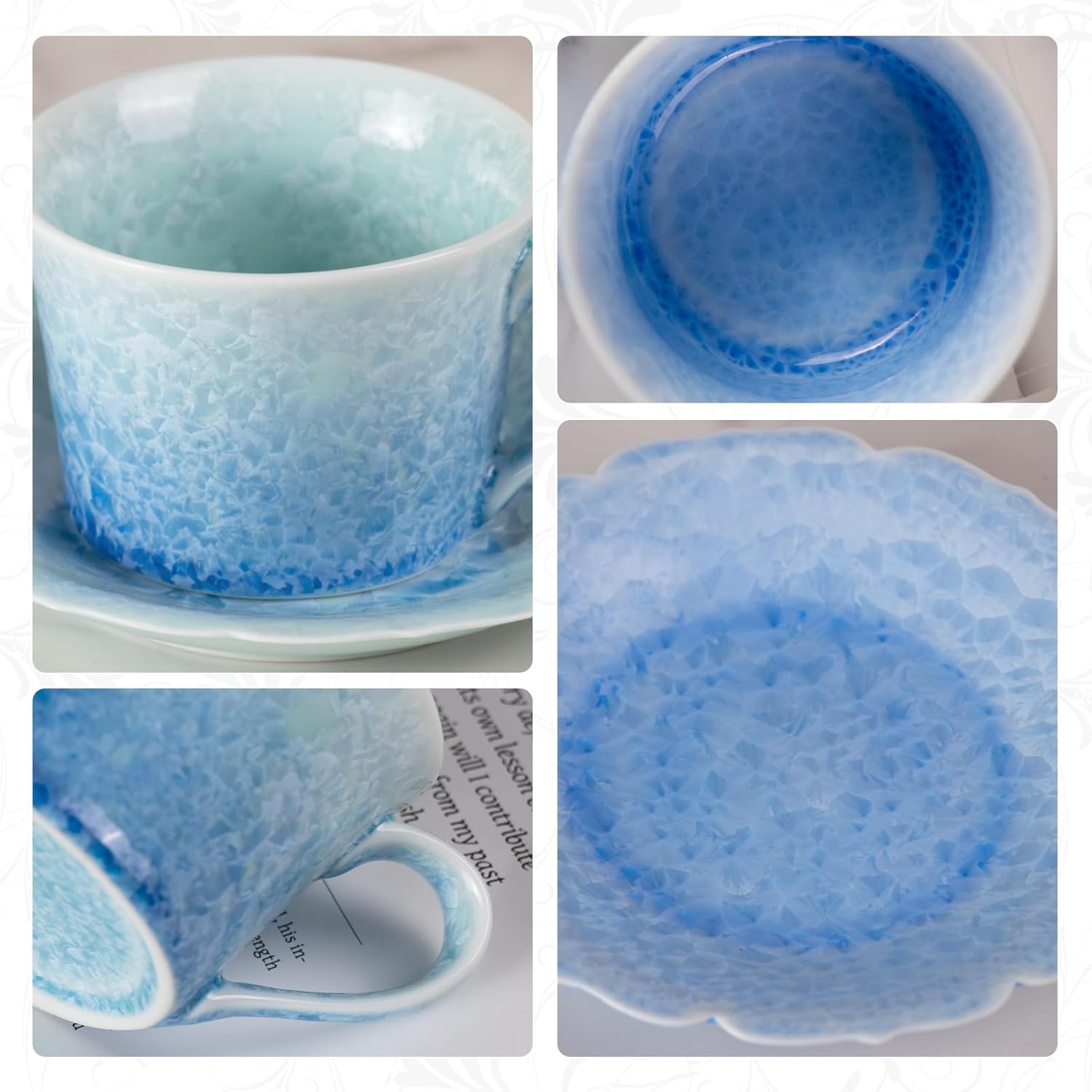 KAMMAK Tea Cups and Saucers Set of 2, Porcelain Coffee Cups, 5oz Crystalline Glaze Espresso Mugs, Ceramic Demitasse for Coffee, Cappuccino, Latte, Americano, Tea (Ice crystal blue + greenish blue)