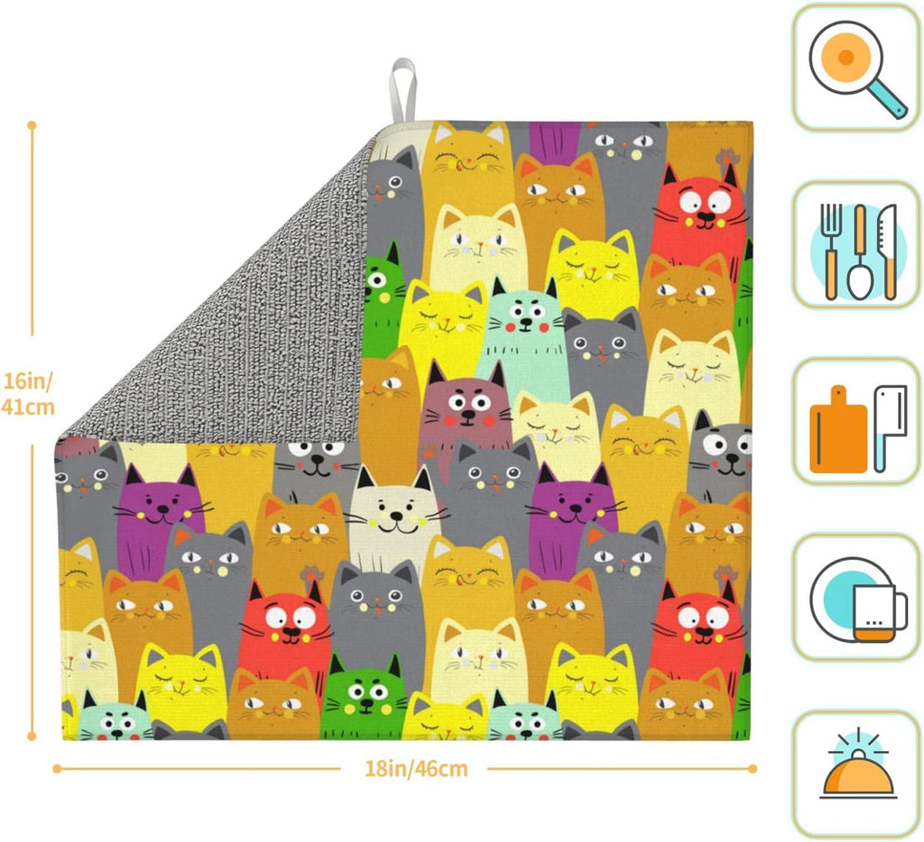 Charming Cat Dish Drying Mat, Highly Absorbent Microfiber Kitchen Counter Pad Reusable Washable, 16*18"