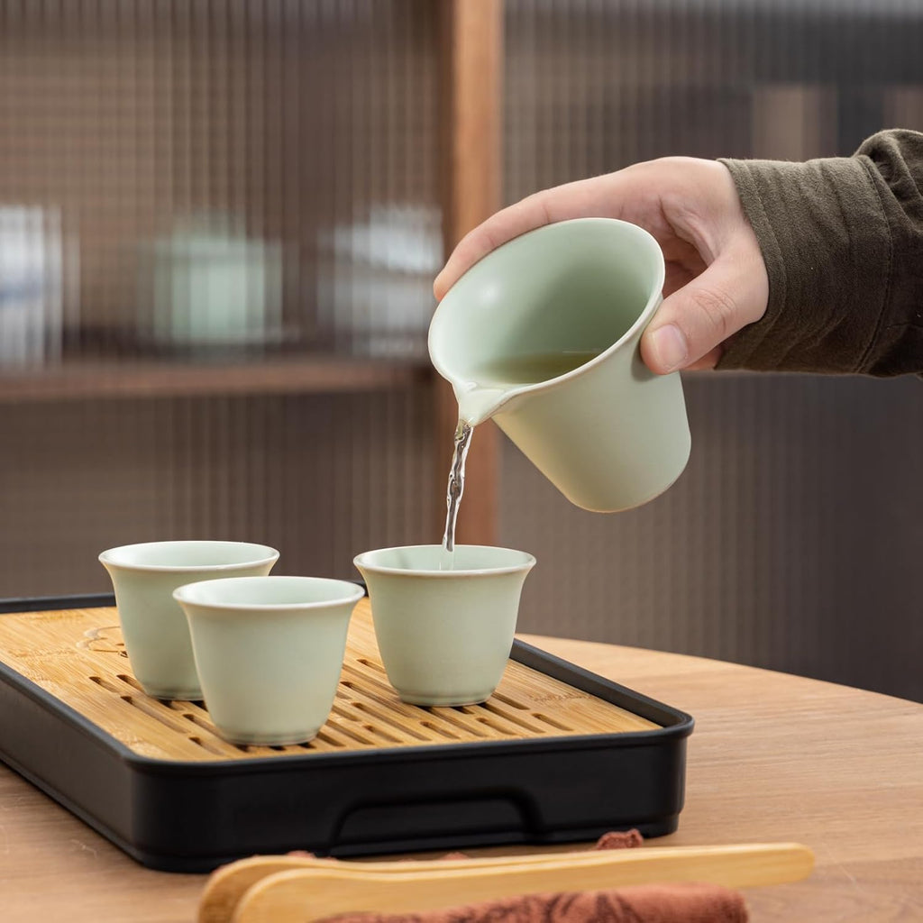 Travel tea set,Portable ceramic tea set,Chinese tea set,Tea sets for adults,Tea pot sets,Portable Travel Bag,Home,Gifting,Outdoor and Office,茶具 (Light green)