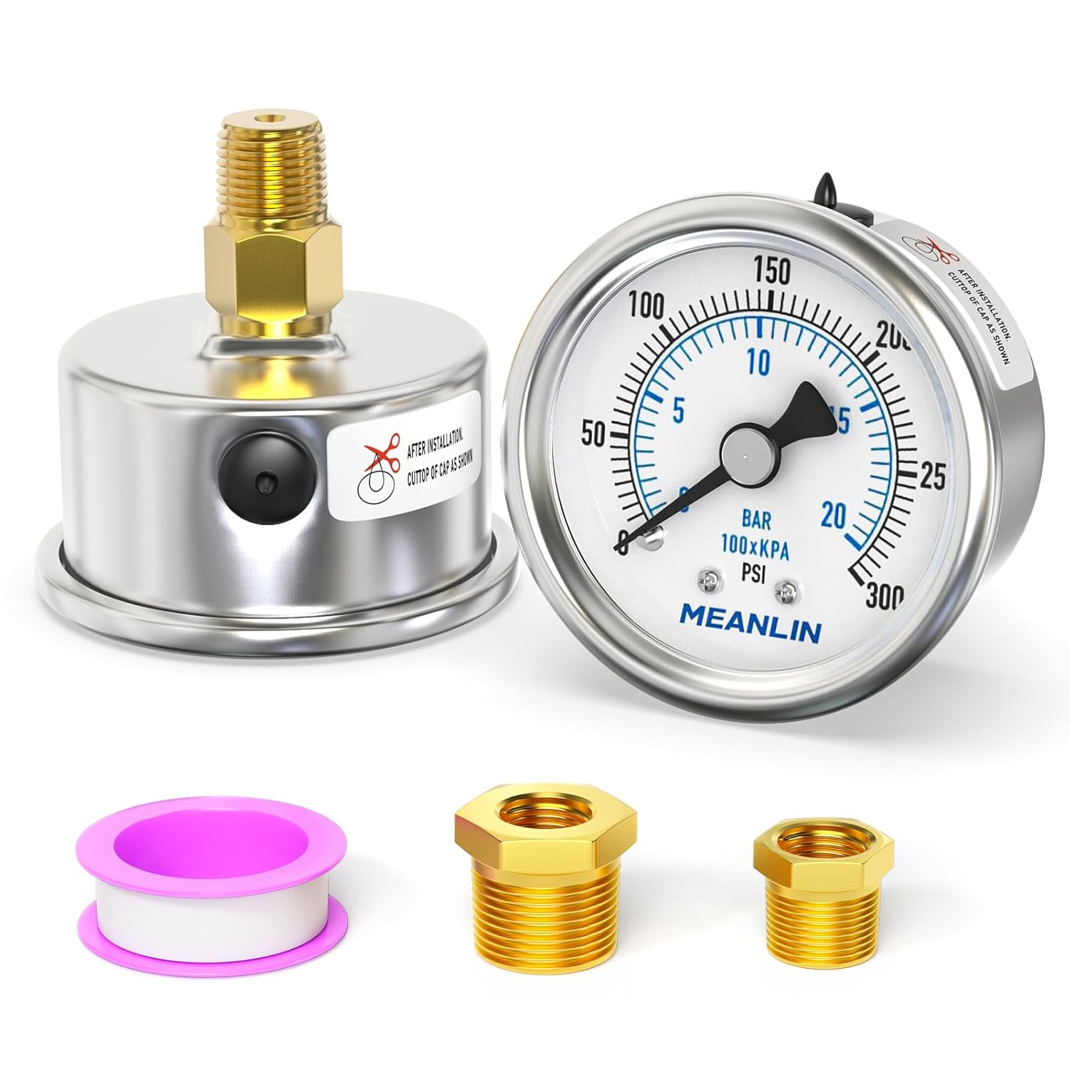 MEANLIN MEASURE 0~300Psi Dry Pressure Gauge Stainless Steel 1/4" NPT 2" FACE DIAL Waterproof for Air Compressor Air Regulator Water Filter Center Back Mount, with 1/2" NPT and 3/8" NPT Hex Bushing