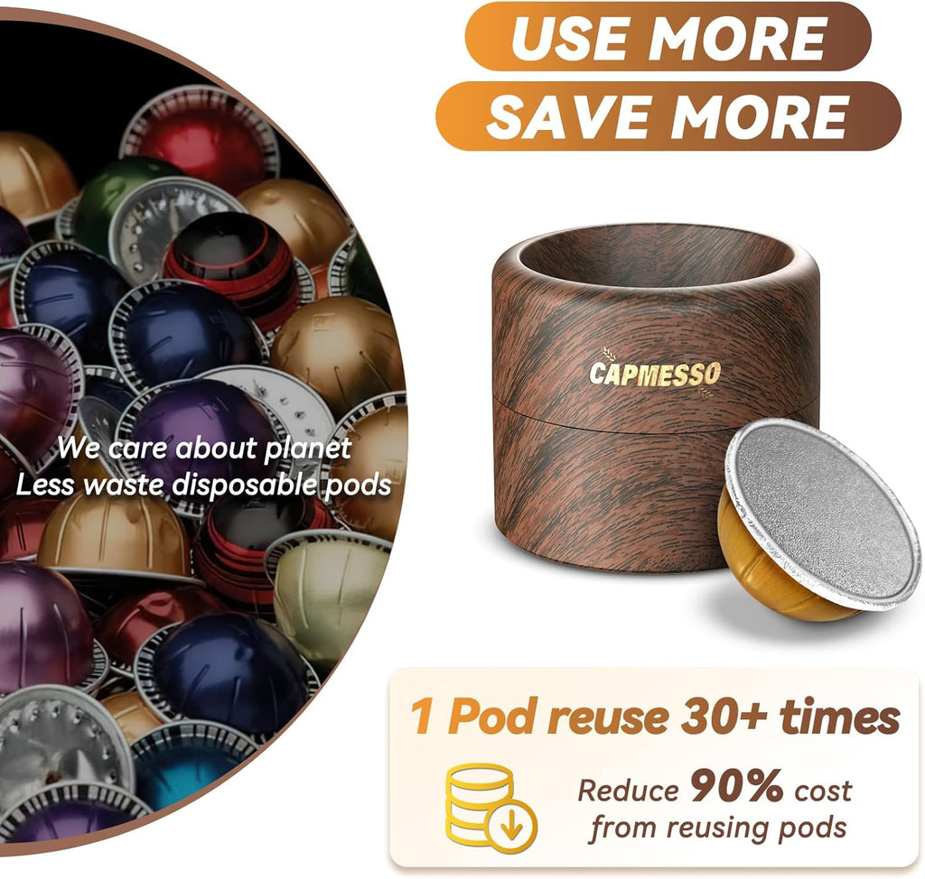 Reusable Vertuo Pod Refill Kit for Nespresso: Reusable Vertuo Capsule for Nespresso/Coffee Pods Vertuoline with 100 Aluminum Foil Lids for Any Size of Vertuo Plus Espresso Pod- Wood Grain Holder