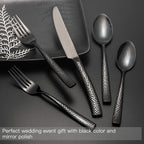 Silverware Set Black Flatware Set Hammered Stainless Steel Cutlery Set Mirror Finished 60 Pieces Home Faimily Use Service for 12