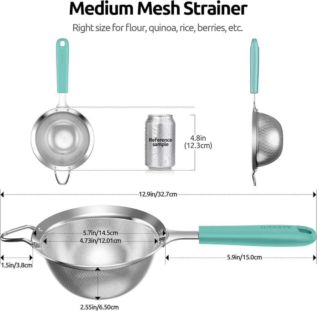 U-Taste Medium Fine Mesh Strainer: 18/8 Stainless Steel 4.73in 30 Mesh Kitchen Food Sieve with Sturdy Riveted Silicone Handle, Heavy Duty Deep Handheld Metal Colander for Rice, Quinoa, Flour(Aqua Sky)
