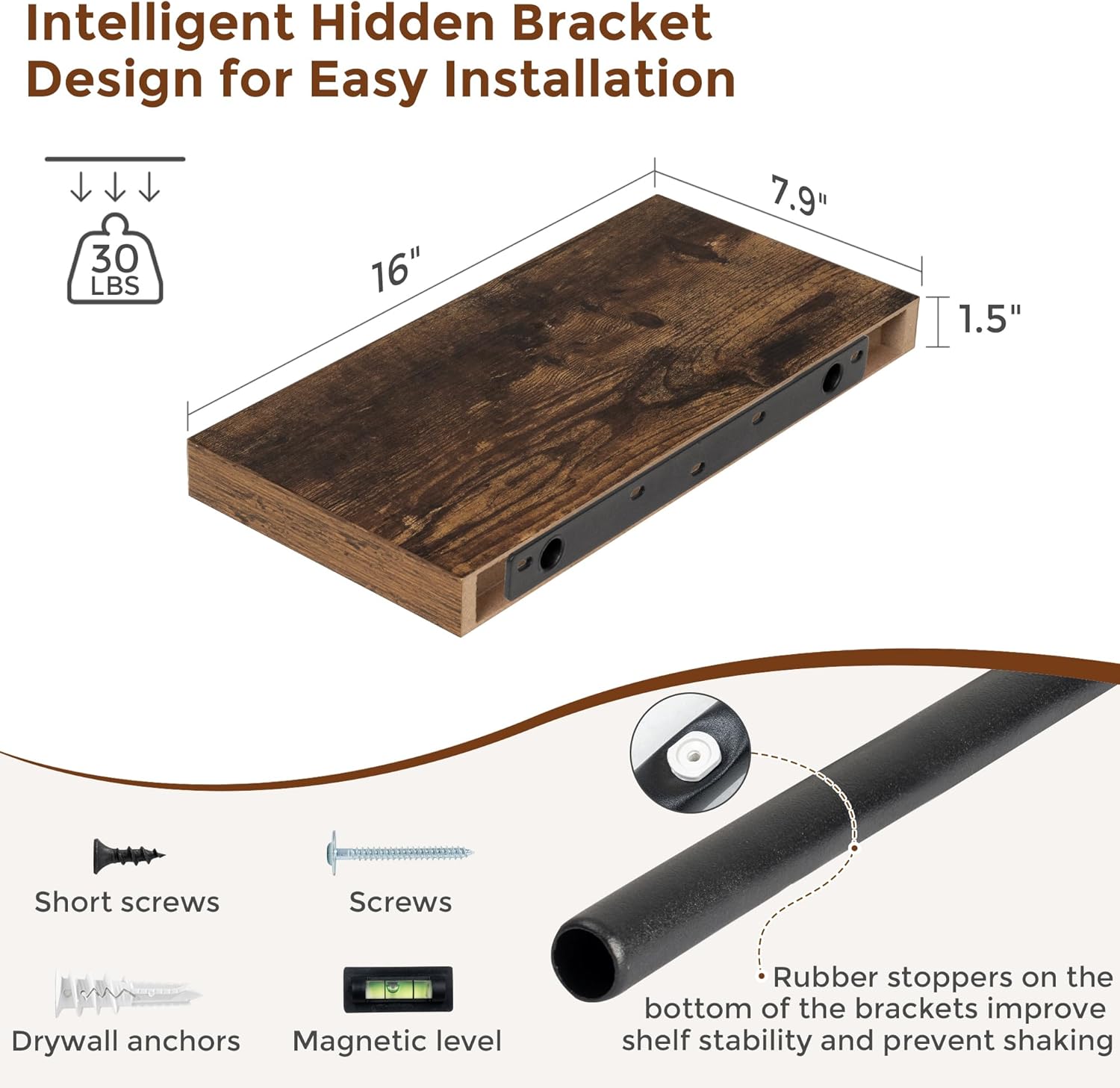 Heimlove 16 Inch Floating Shelves for Wall Rustic Brown Shelves Set of 2,Wall Mounted Rustic Wood 8 Inch Deep Floating Shelf with Invisible Brackets for Bedroom Kitchen Living Room