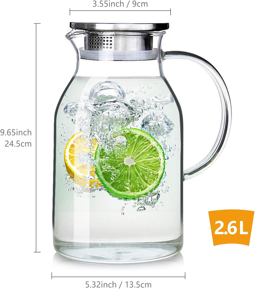 88oz Glass Pitcher with Lid and Handle - High Heat Resistance Glass Water Pitcher for Hot/Cold Water & Iced Tea (2.6L)