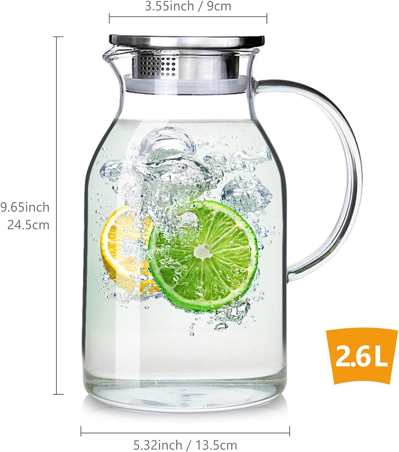 88oz Glass Pitcher with Lid and Handle - High Heat Resistance Glass Water Pitcher for Hot/Cold Water & Iced Tea (2.6L)