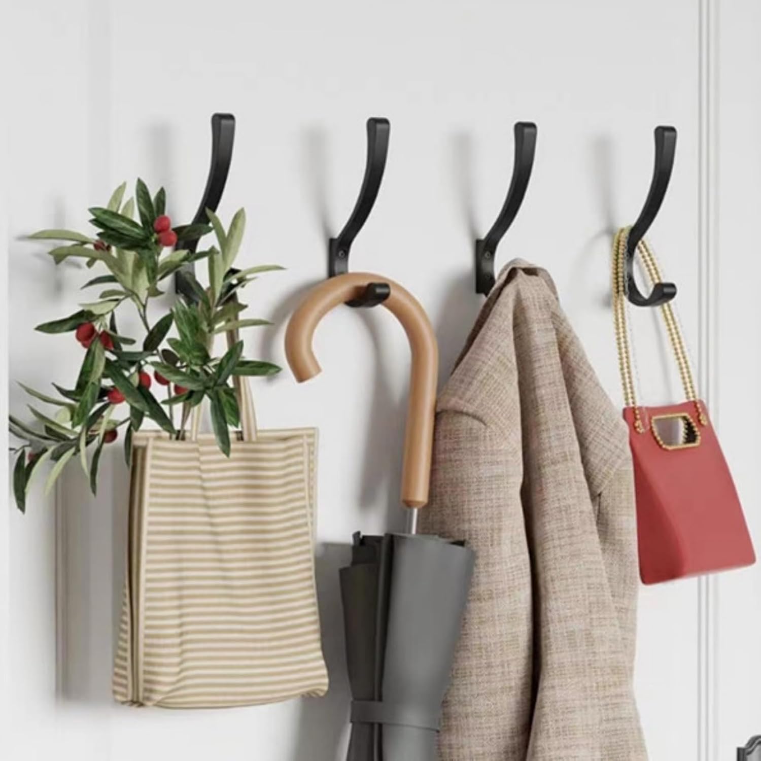 6 Pack Hanging Coat Hooks Wall Mount, Coat Hanger Wall Hangers, Metal Hooks for Hanging Heavy Duty, Screw in Hooks for Hanging Towels, Clothes, Backpack, Hat, Bag, Jacket, Key, Robe, Backpack Black