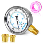MEANLIN MEASURE 0~600Psi Stainless Steel 1/4" NPT 2.5" FACE DIAL Liquid Filled Pressure Gauge WOG Water Oil Air Lower Mount, with 1/4" x 1/2" NPT and 1/4" x 3/8" NPT Hex Bushing