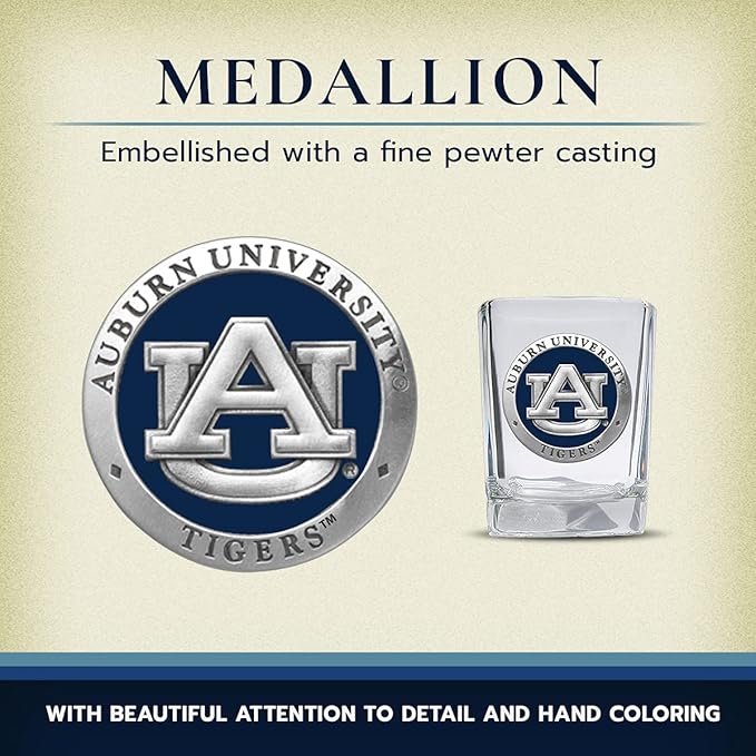 Heritage Pewter University of Auburn Square Shot Glass | Hand-Sculpted 1.5 Ounce Shot Glass | Intricately Crafted Metal Pewter Alma Mater Inlay