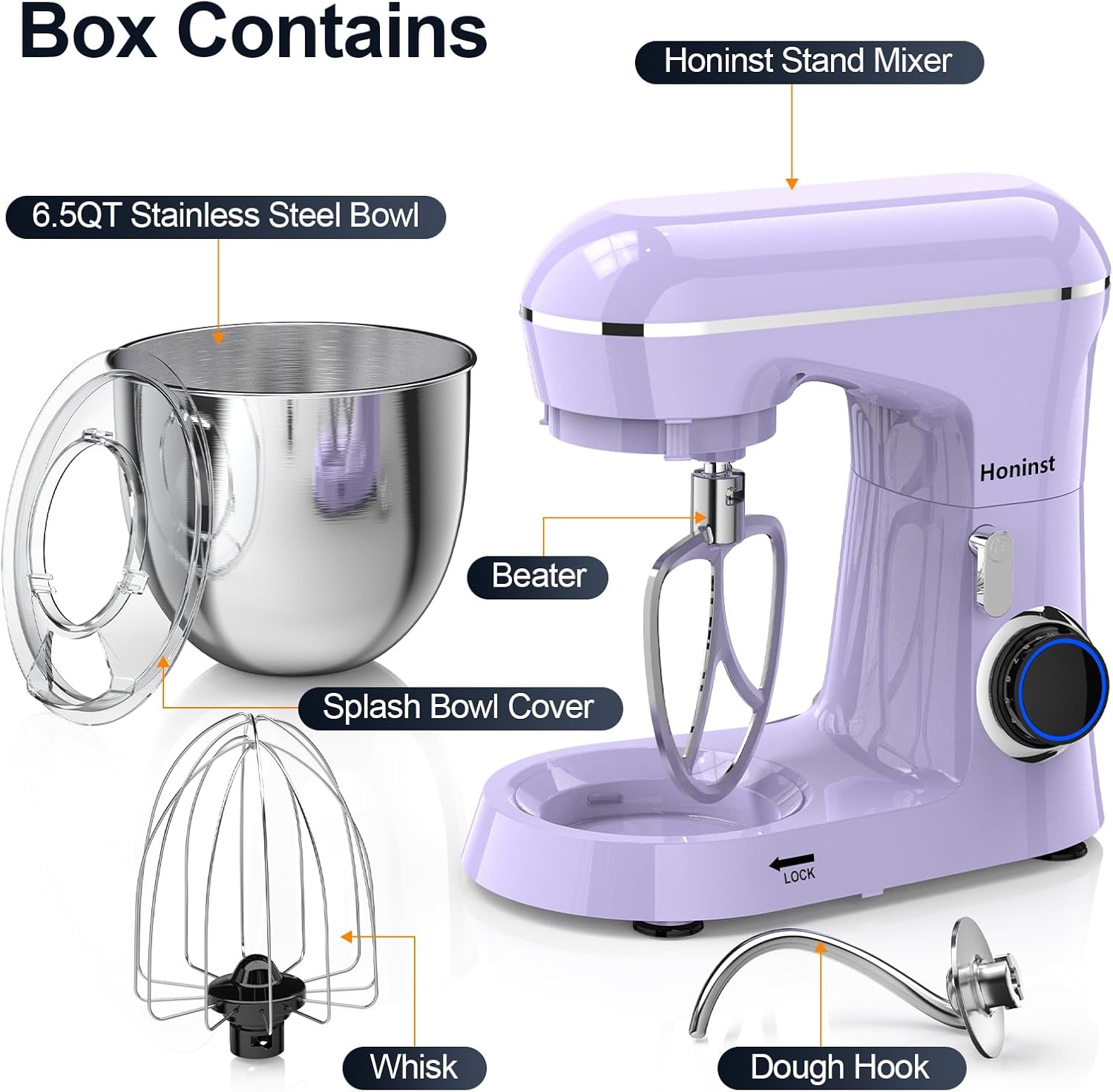 Stand Mixer, 6.5QT 10-Speed Tilt-Head Electric Stand Mixer, 3-In-1 Kitchen Mixer with Bowl, Dough Hook, Whisk and Beater, Food Mixer for Baking, Cake and Most Home Cooks, Purple