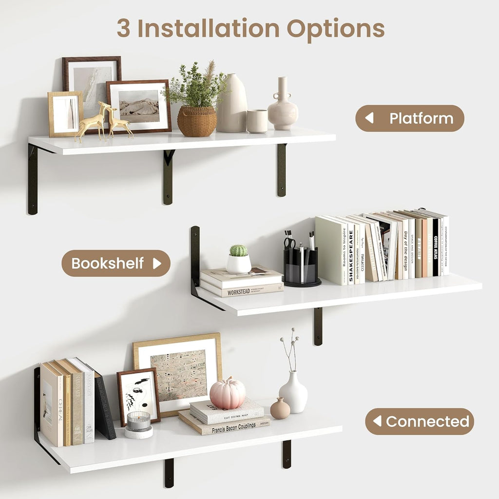 Fun Memories Floating Shelves for Wall, 12 Inch Deep Floating Shelves Set of 2, Wall Mounted Shelf with Metal Brackets, Rustic Wood Wide Shelf for Bathroom, Kitchen and Living Room, White, 36W x 12D