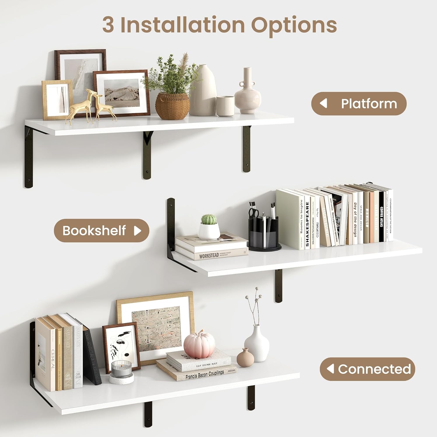 Fun Memories Floating Shelves for Wall, 12 Inch Deep Floating Shelves Set of 2, Wall Mounted Shelf with Metal Brackets, Rustic Wood Wide Shelf for Bathroom, Kitchen and Living Room, White, 36W x 12D