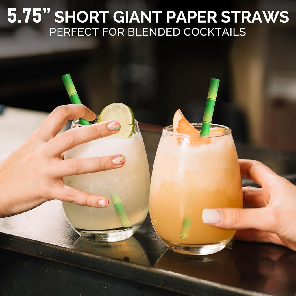 5.75" x 0.31" Green Bamboo Disposable Paper Drinking Straws for Short Drinks, Blended Cocktails, Margaritas, Smoothies, Milkshakes - Unwrapped [250 Counts]