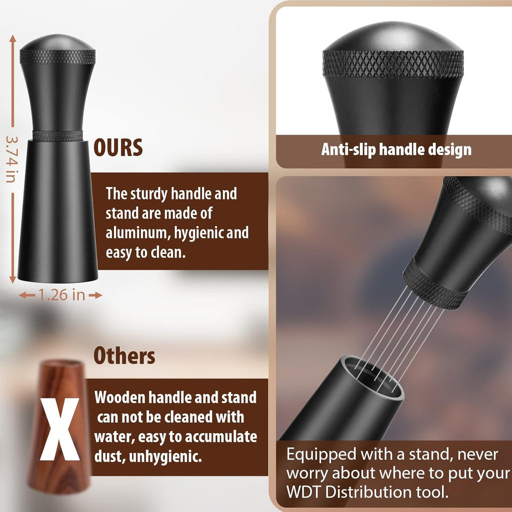 WDT Espresso Distribution Tool Espresso Stirrer Tools for Barista, 0.35mm 7 Needles Espresso Coffee Stirrer with Extra 7 Replaceable Needles, Aluminum Alloy Handle with Stand (Black)