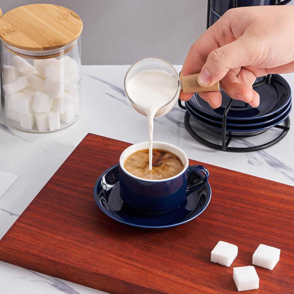 YOLIFE 2.5oz Porcelain Stackable Espresso Cups with Saucers and Metal Stand Set of 4, Stackable Cappuccino Cups, Blue Expresso Shots Cup Set for Coffee Drinks, Latte, Tea