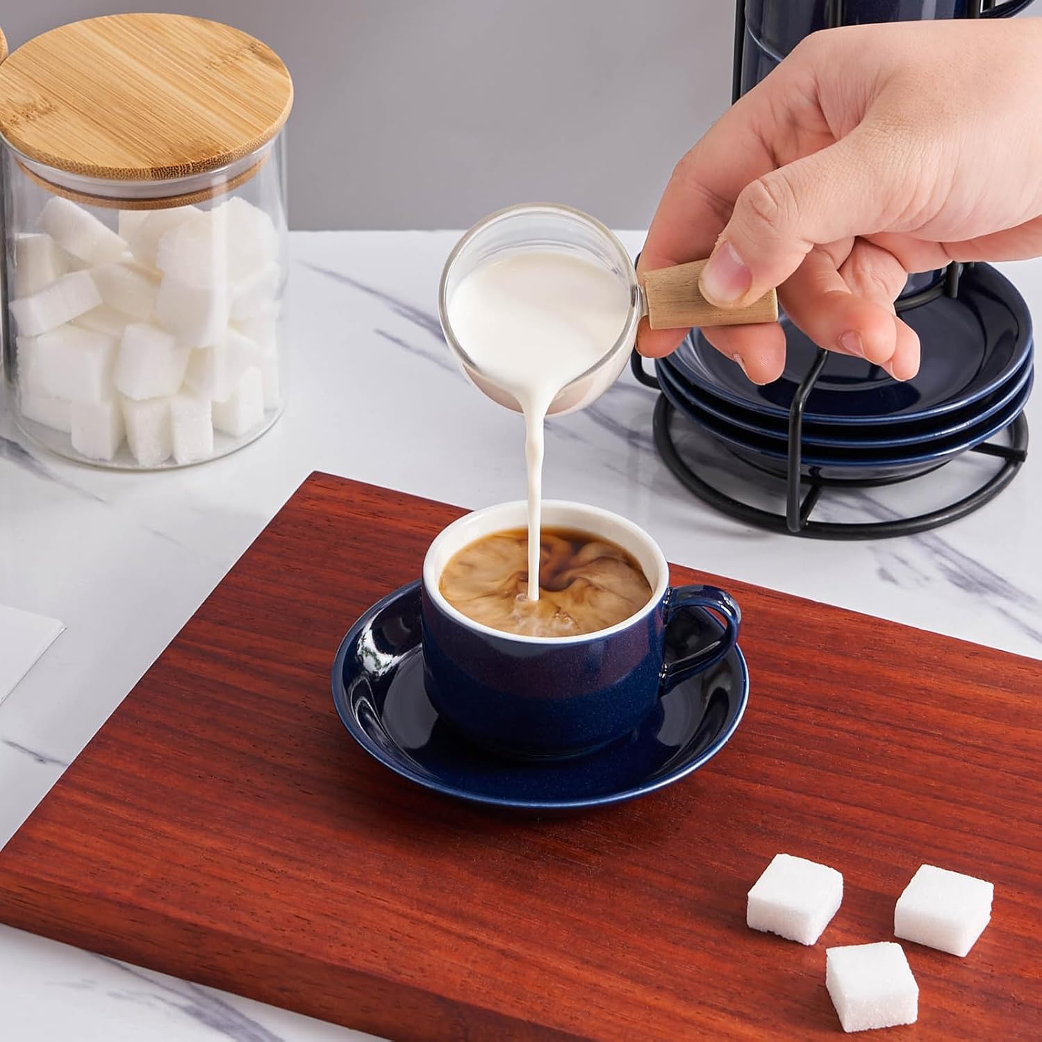 YOLIFE 2.5oz Porcelain Stackable Espresso Cups with Saucers and Metal Stand Set of 4, Stackable Cappuccino Cups, Blue Expresso Shots Cup Set for Coffee Drinks, Latte, Tea