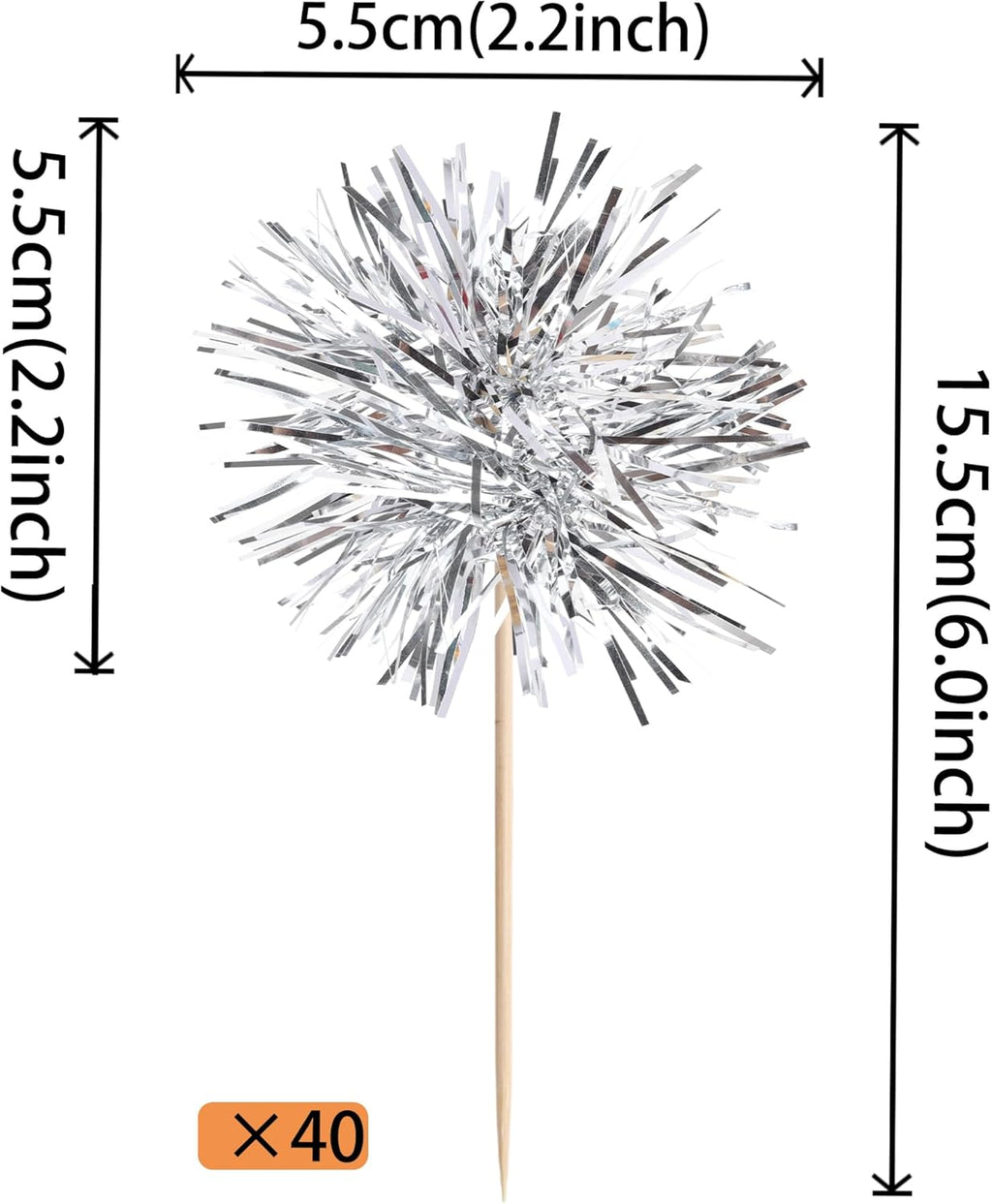 40 PCS Foil Firework Cupcake Toppers Fireworks Cupcake Picks Sparkle Tinsel Cake Decorations Cocktail Fruit Toothpick for Firework Theme Birthday Wedding Graduation Party Decorations Supplies Silver