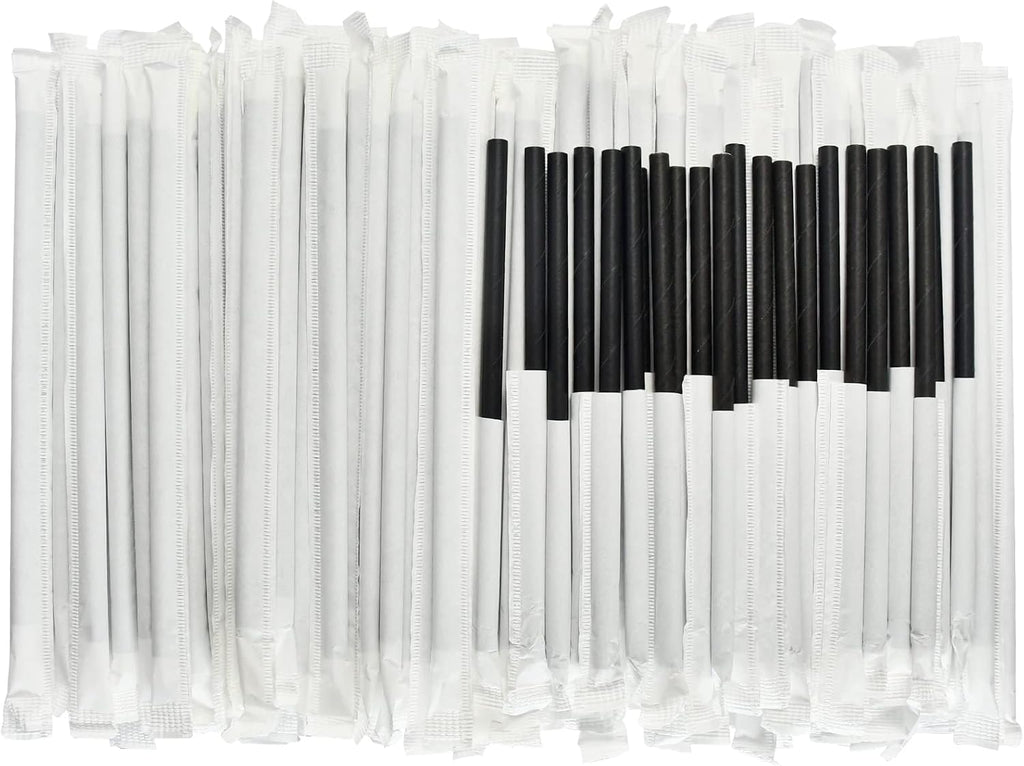 [400 Pack] Chunspak 5.75 inch Disposable Black Paper Cocktail Straws, Paper Bar Stirrers - Individually Wrapped