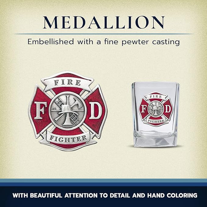 Heritage Pewter Firefighter Square Shot Glass | Hand-Sculpted 1.5 Ounce Shot Glass | Intricately Crafted Metal Pewter Alma Mater Inlay