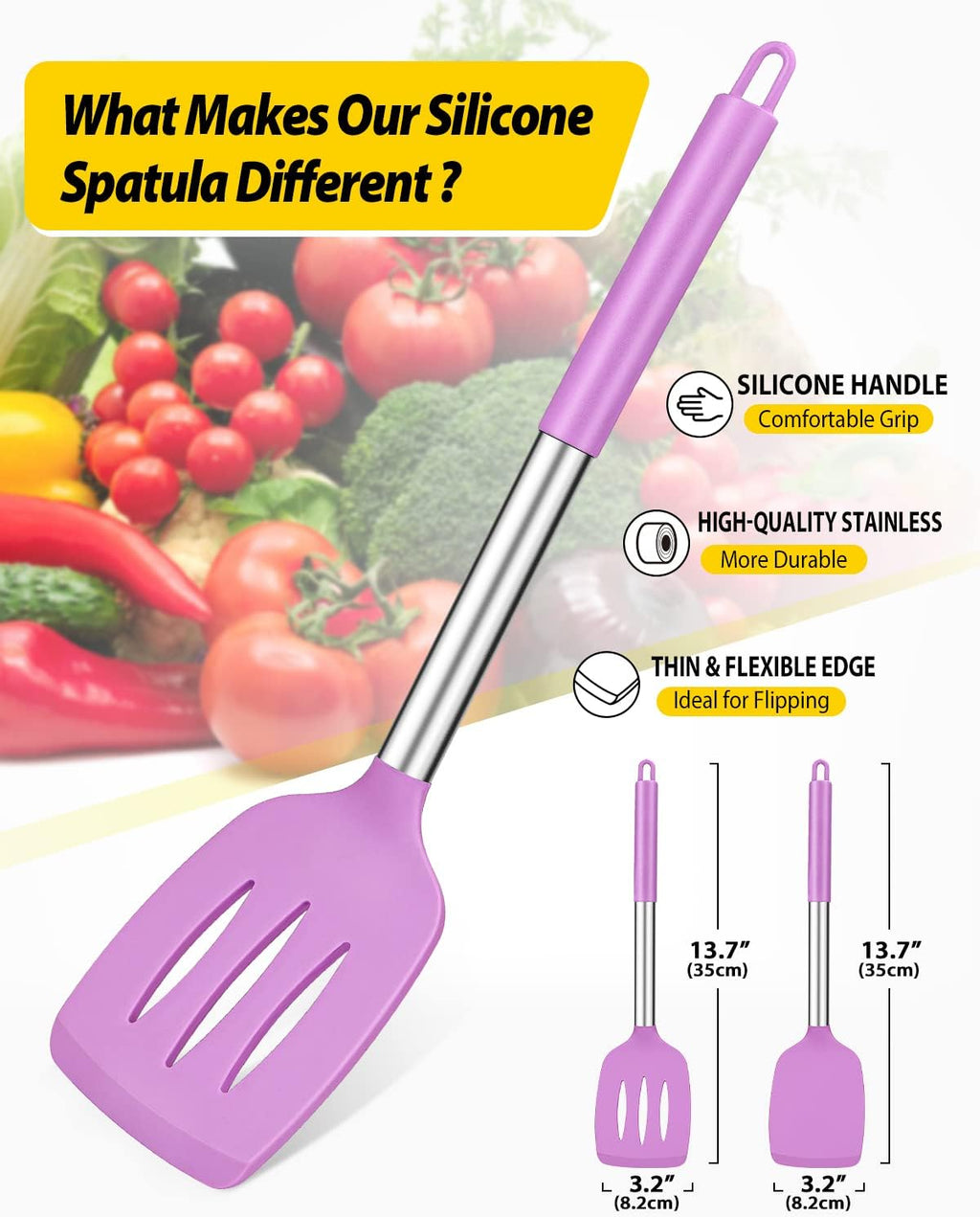 Pack of 2 Silicone Solid Turner, Non Stick Slotted Kitchen Spatulas, High Heat Resistant BPA Free Cooking Utensils, Ideal Cookware for Fish, Eggs, Pancakes(Purple)