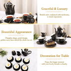 DUJUST 22 pcs Porcelain Tea Set for 6, Luxury British Style Tea/Coffee Cup Set with Golden Trim, Beautiful Tea Set for Women, Tea Party Set, Gift Package (Including a Stand) - Black