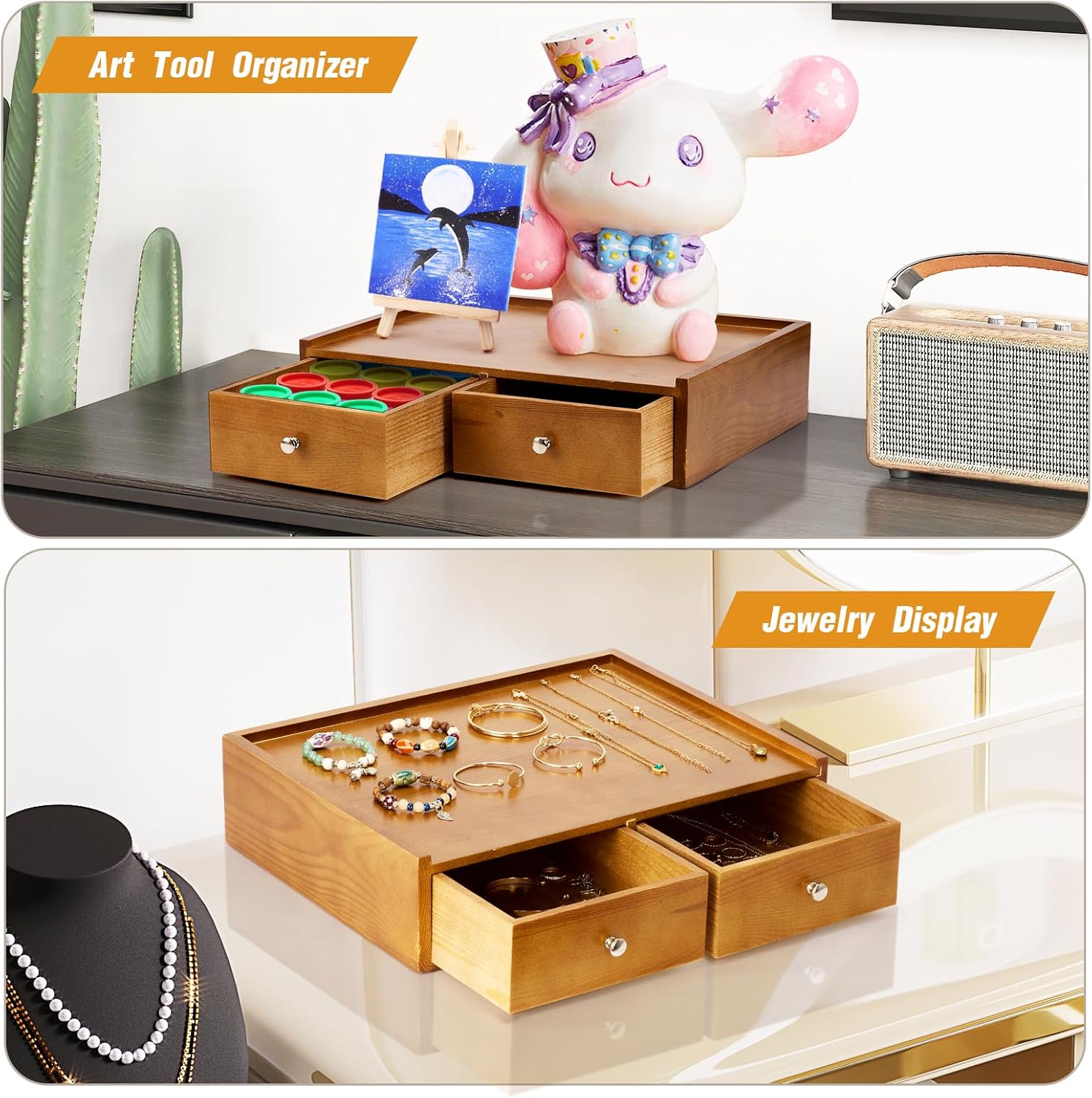 15.8"L X 11.8"W X 4"H Wooden K cup Holder, Coffee Pod Organizer Storage Box, Desktop Kitchen Storage with 2 Drawers, 30/40/60 Pod Capacity, Natural