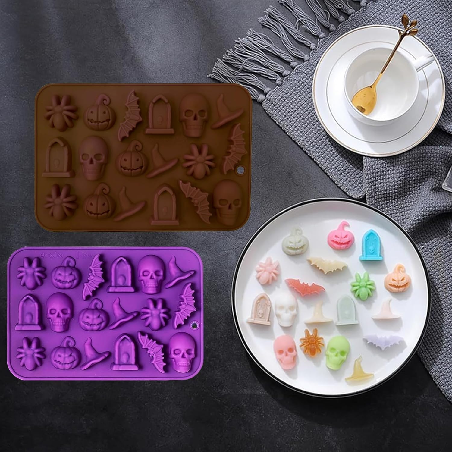 Halloween Chocolate Mold Silicone,18 Cavity Candy Gummy Mold with Pumpkin Wizard Hat Bat Spider Tombstone for Baking Chocolate Jelly Gummy Dessert (2pcs)