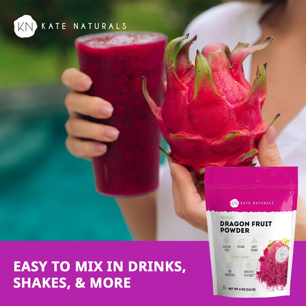 Kate Naturals Dragon Fruit Powder for Baking & Drinks (4oz). Vegan, Gluten Free Dried Pink Pitaya Powder for Dragonfruit Syrup, Smoothies & Food Coloring