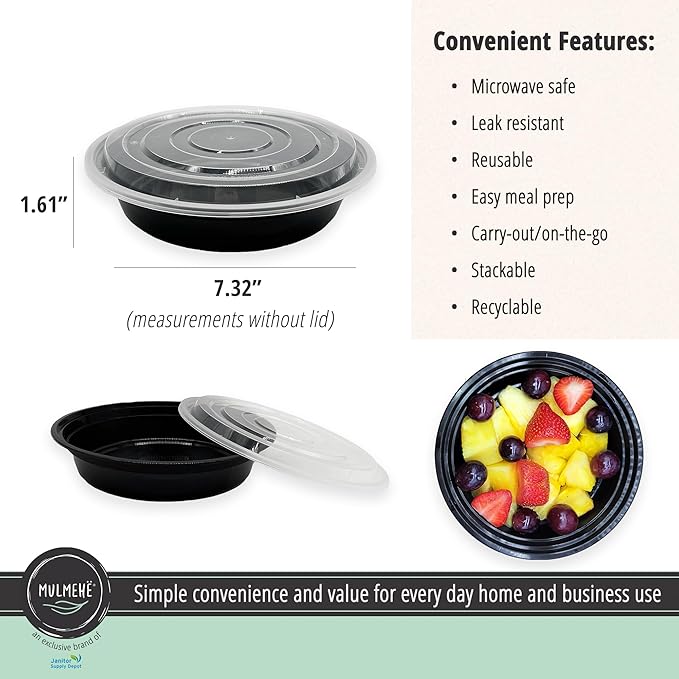 MULMEHË Plastic Meal Prep Take-Out Container and Lid Combo, 24 oz, Microwaveable, Round, Black, 7x1.5”, Set of 150