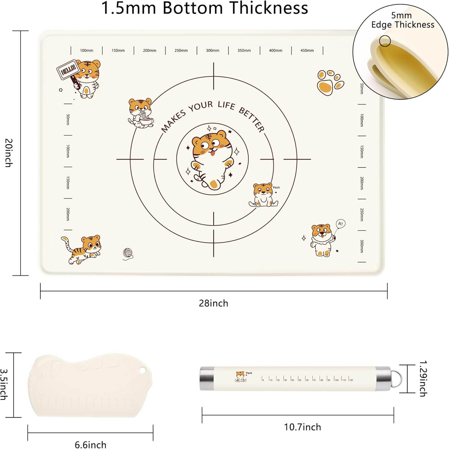 28x20 Inch Extra Thick Silicone Pastry Board, Silicone Baking Mat with Measurements, Non-slip Silicone Mat, Kneading Counter Mat, Non-Stick Dough Mat with Edge Heightening