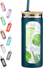 Kodrine 20oz Glass Tumbler with Straw and Lid, Iced Coffee Cups with Bamboo Lids, Glass Cups for Cold Drinks, Smoothie Cup with Silicone Sleeve for Travel, Work, BPA FREE-RoyalBlue