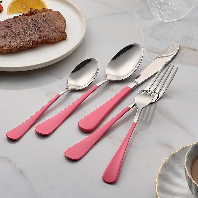 20-Piece Pink Silverware Set 18/0 Stainless Steel Flatware Pink Handle Cutlery Set Service for 4 Dinner Knives Forks Spoons Set Mirror Finish Dishwasher Saf